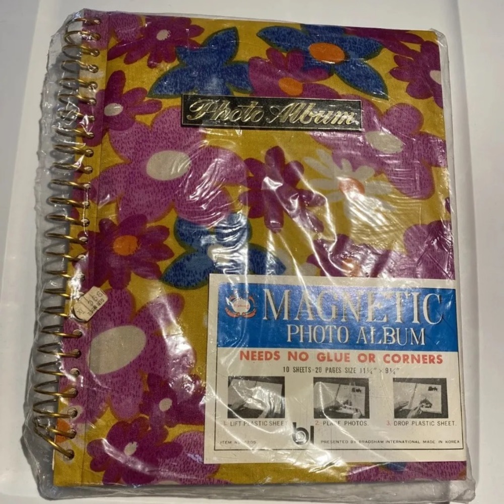 Vintage Retro Flower  Photo Album Floral NOS Spiral Magnetic 1970s orange sealed